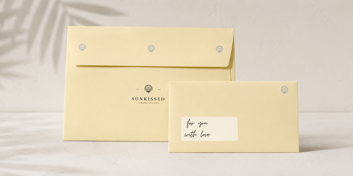 Sunkissed Verpackung für Tanning Stickers — Umschläge mit Muschel-Logo