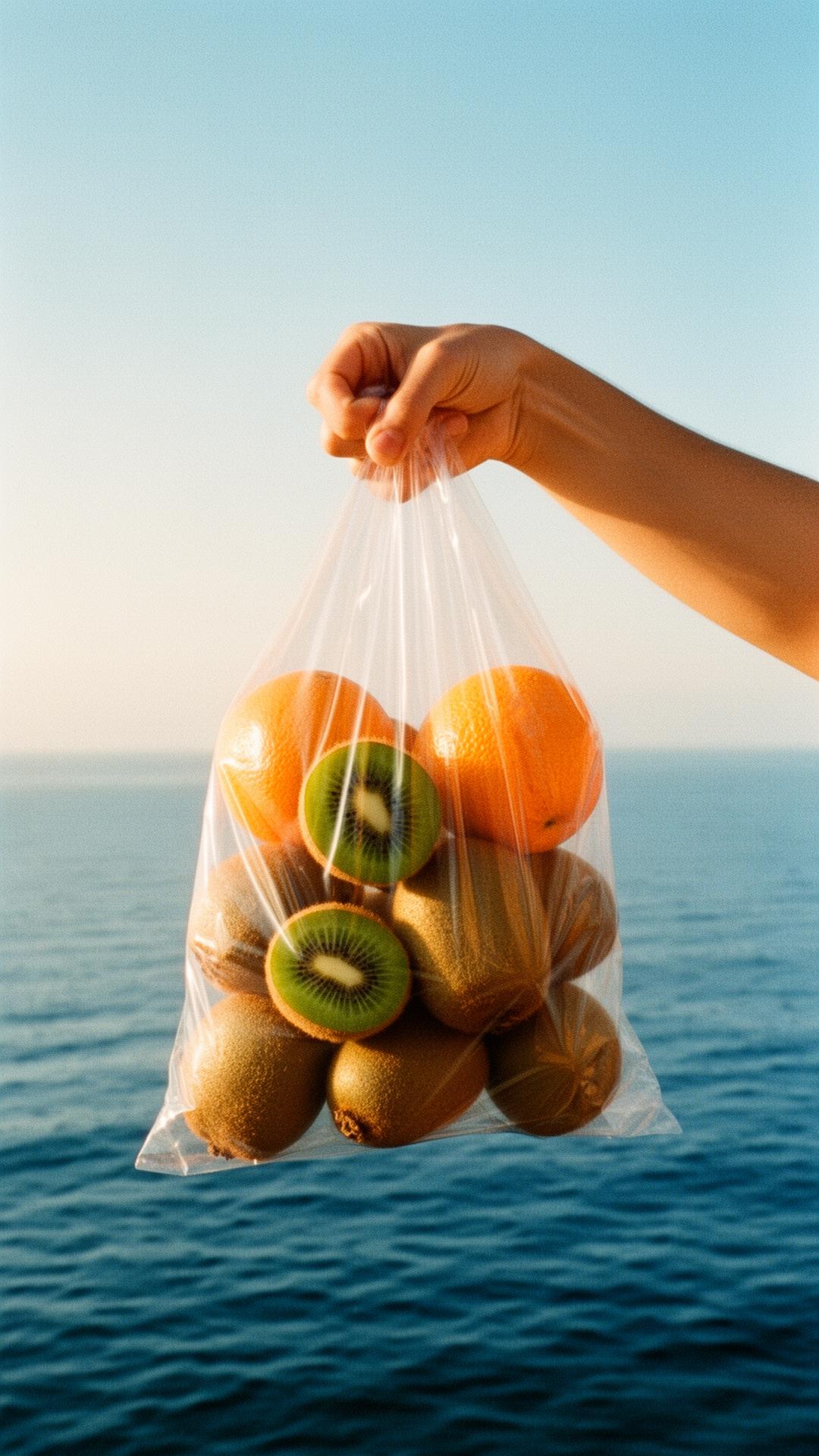 Hand mit transparenter Tasche voller Früchte vor mediterranem Meer