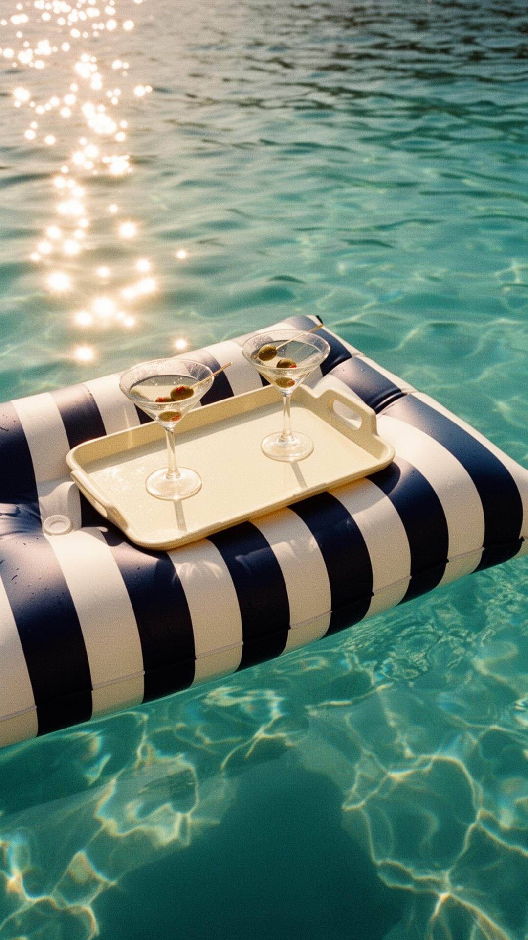 Gestreifter Pool-Float mit zwei Martinis auf cremefarbenem Tablett