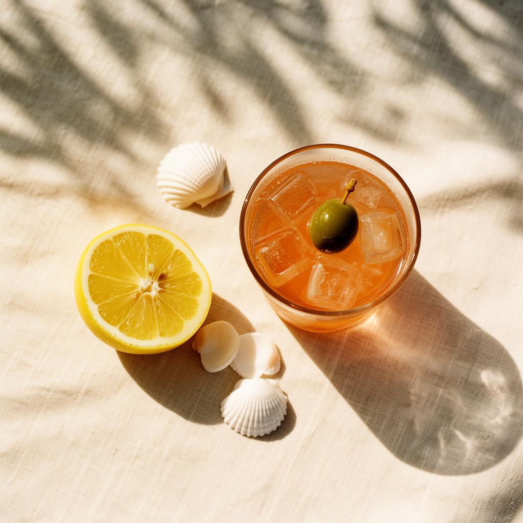 Stillleben mit Zitrone, Muscheln und Drink auf cremefarbenem Leinen