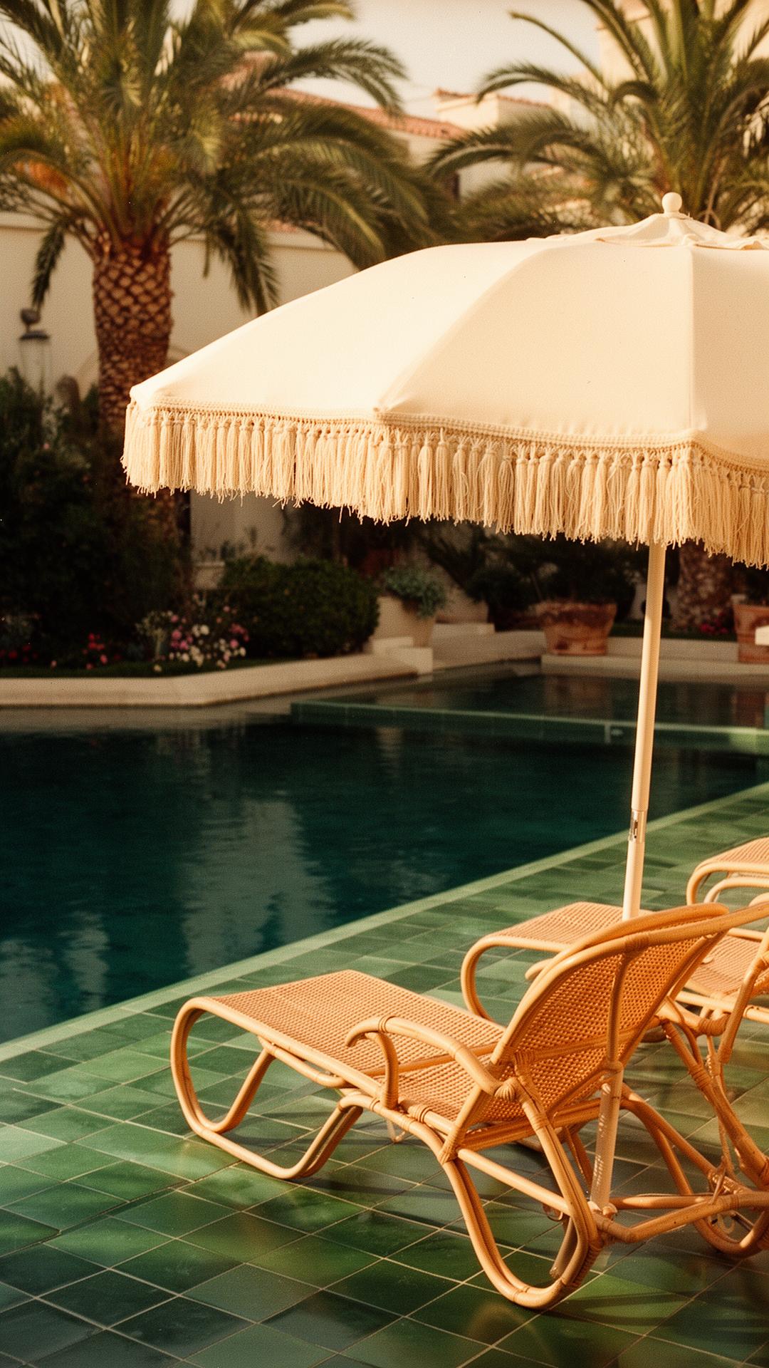 Fransiger Sonnenschirm und Pool in mediterranem Hotelhof